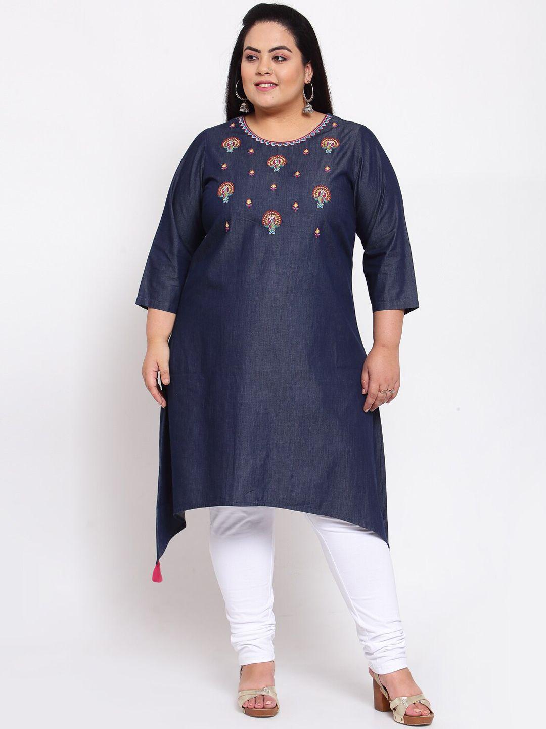 pluss women navy blue embroidered kurta