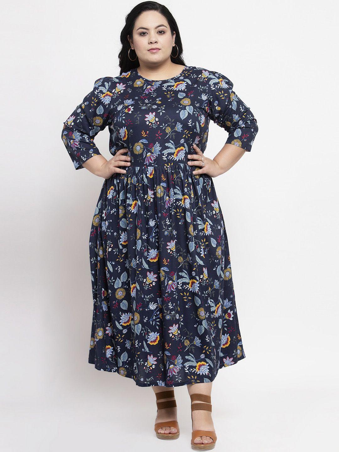 pluss women navy blue printed a-line maxi dress