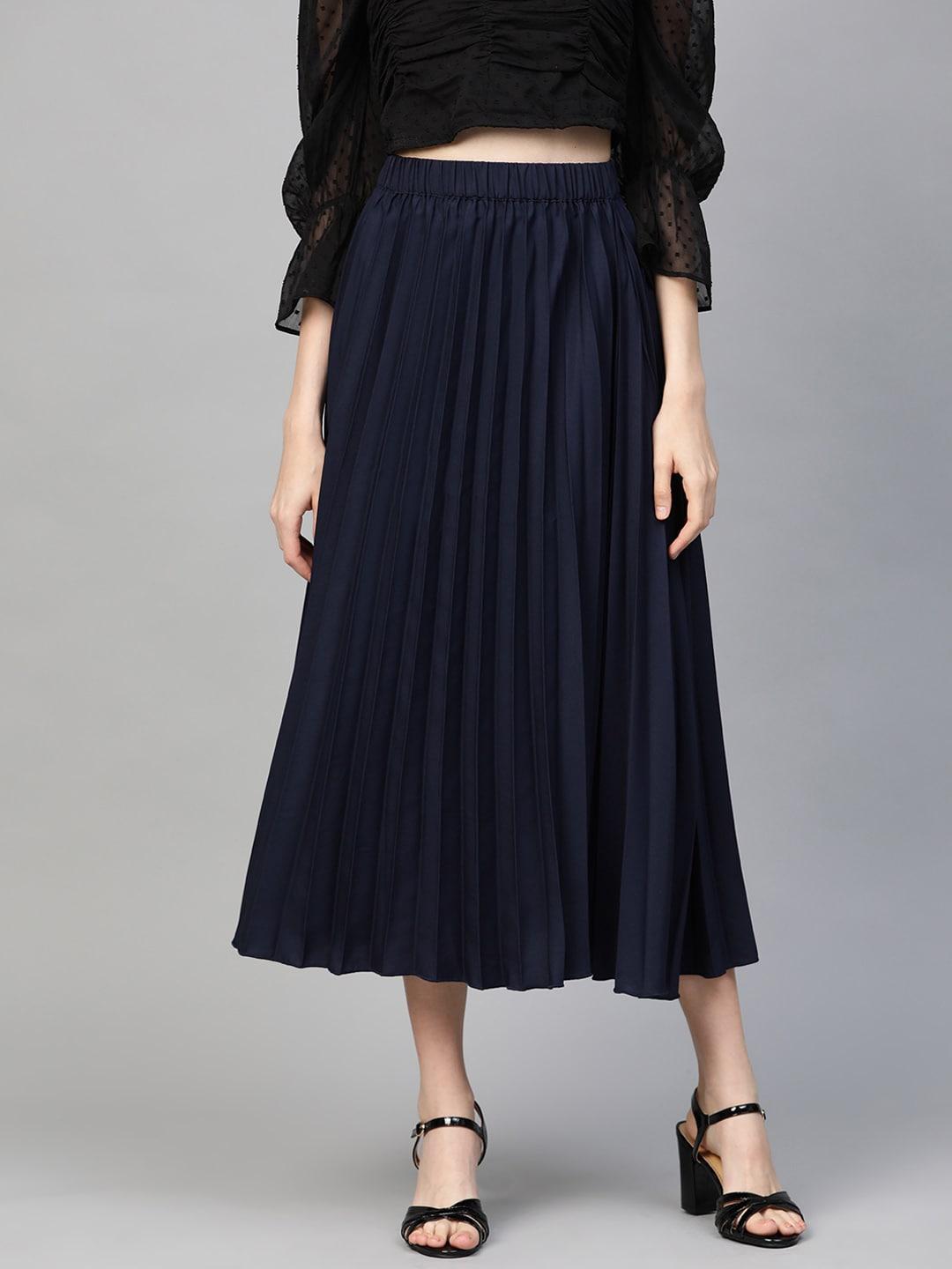 pluss women navy blue solid accordion pleated a-line skirt