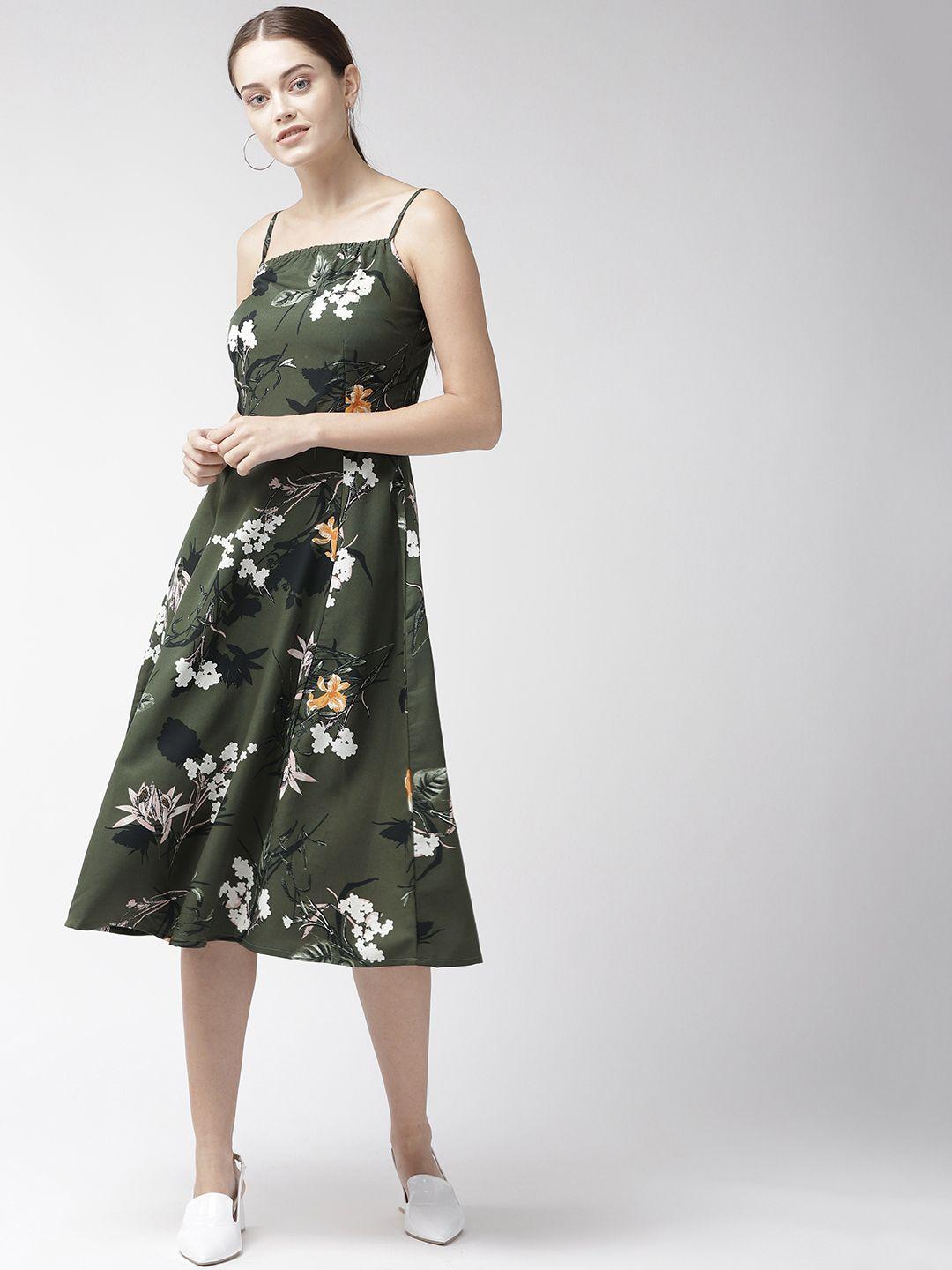 pluss women olive green & off-white floral printed fit & flare dress