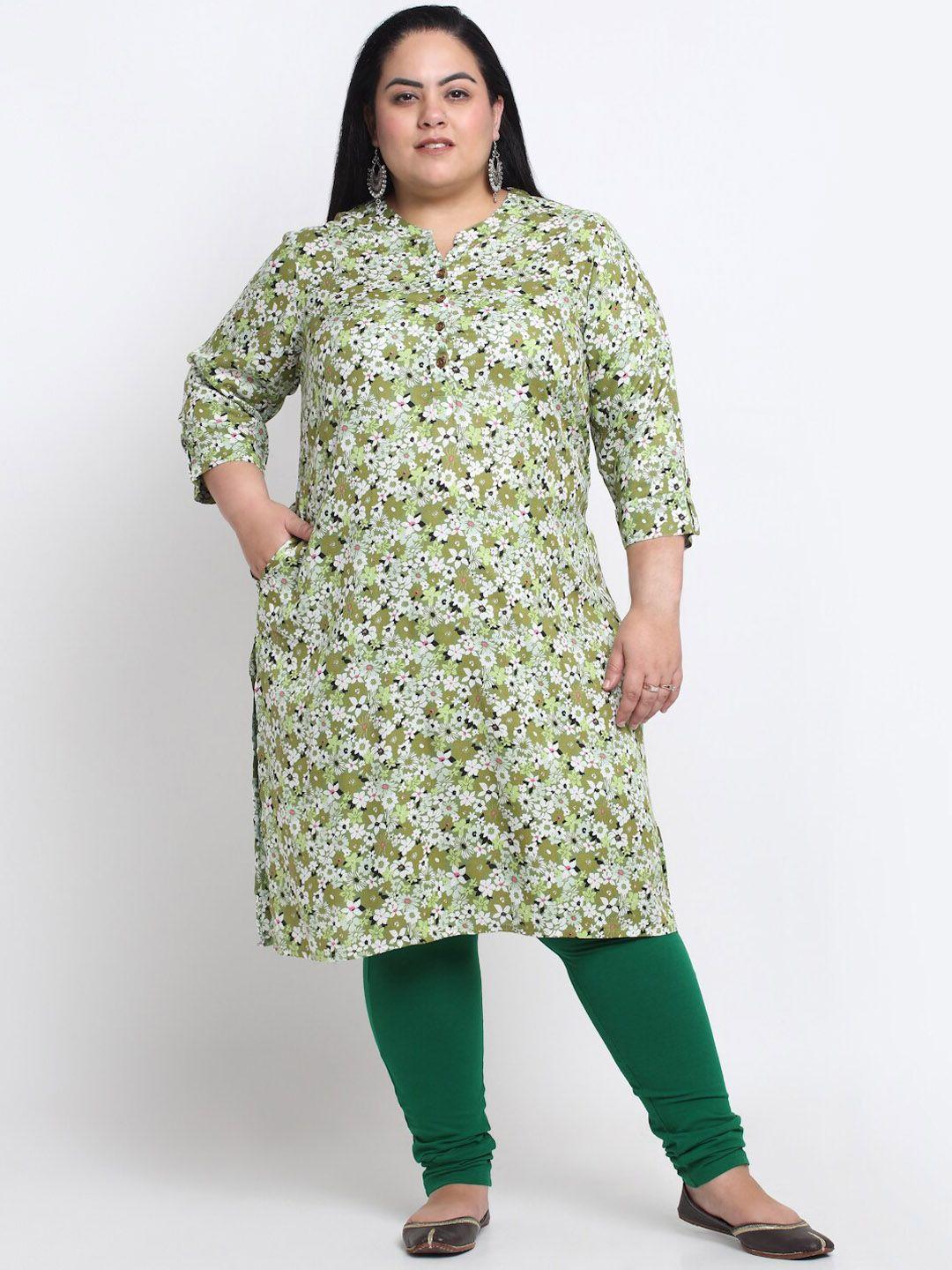 pluss women olive green & white floral printed kurta