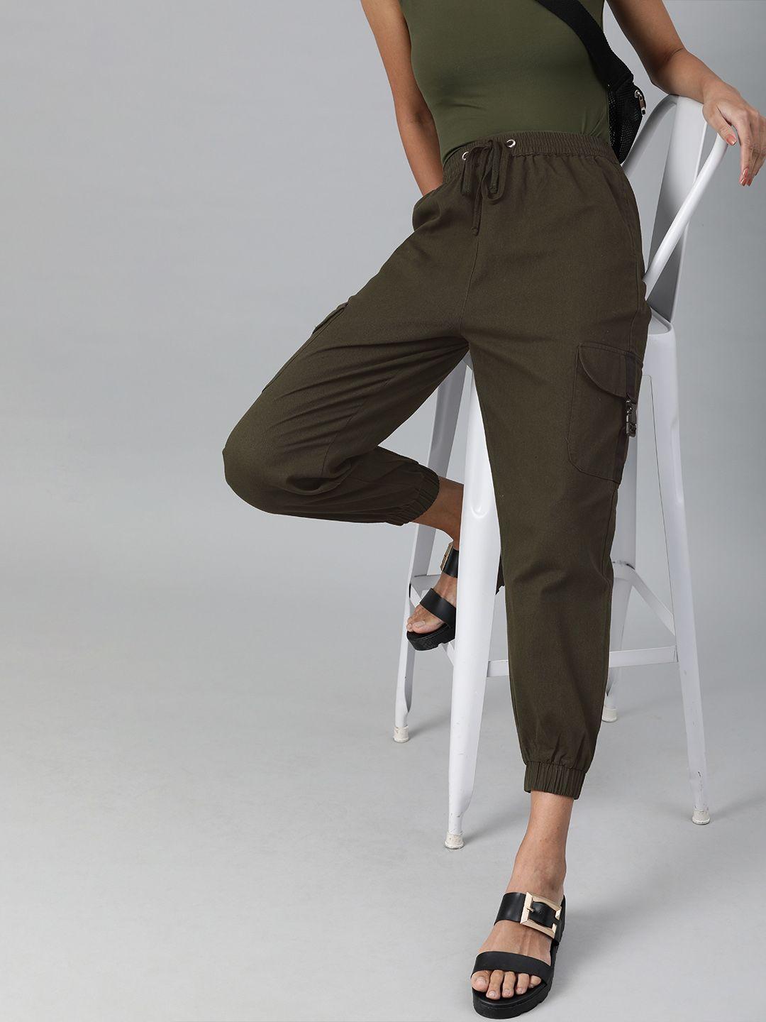 pluss women olive green regular fit solid joggers