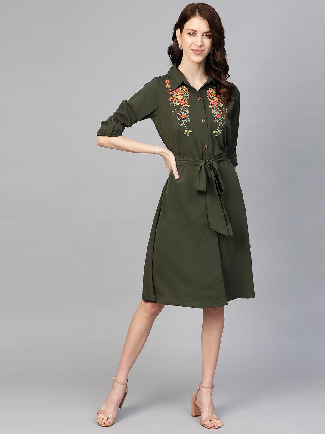 pluss women olive green solid shirt dress with embroidered detail & belt