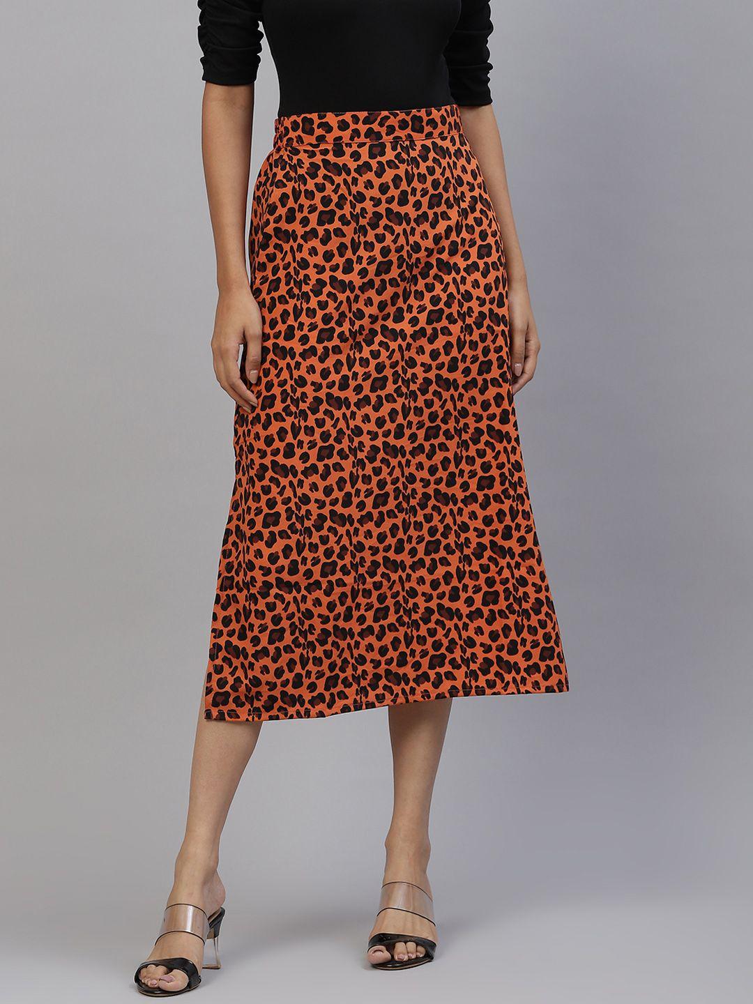 pluss women orange & black animal printed a-line midi skirt