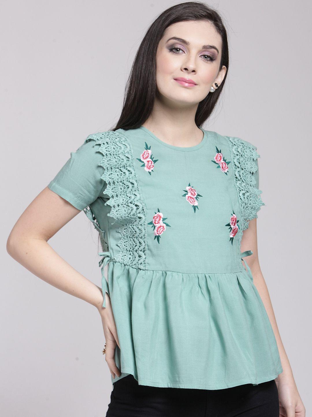 pluss women pastel green embroidered peplum top