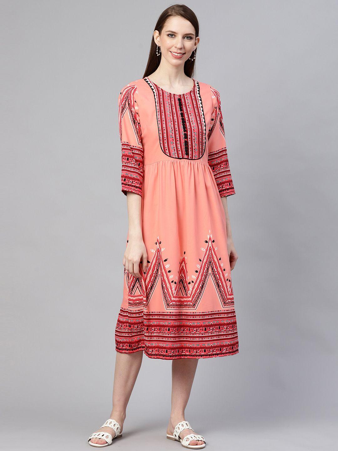 pluss women peach-coloured & red printed a-line dress