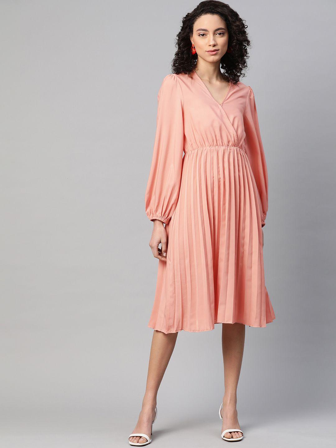 pluss women peach-coloured accordion pleated solid wrap dress