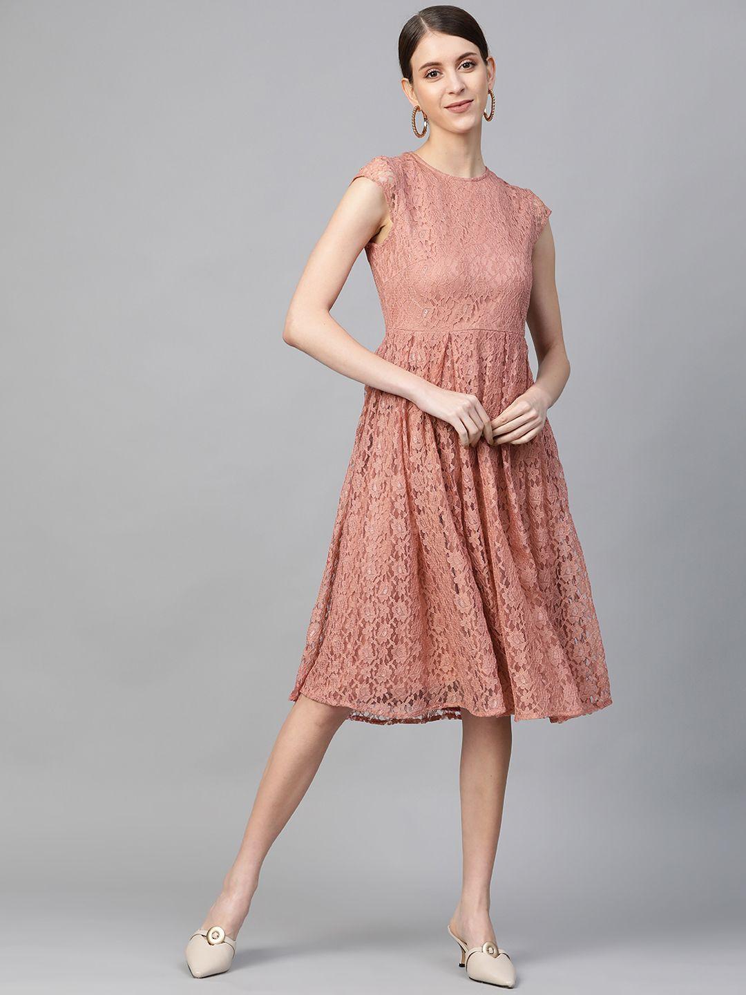 pluss women peach-coloured lace a-line dress