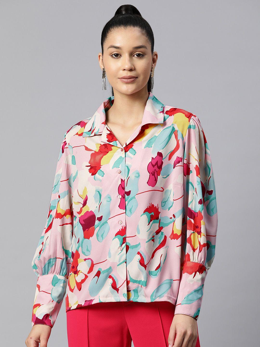 pluss women pink & blue floral print casual shirt