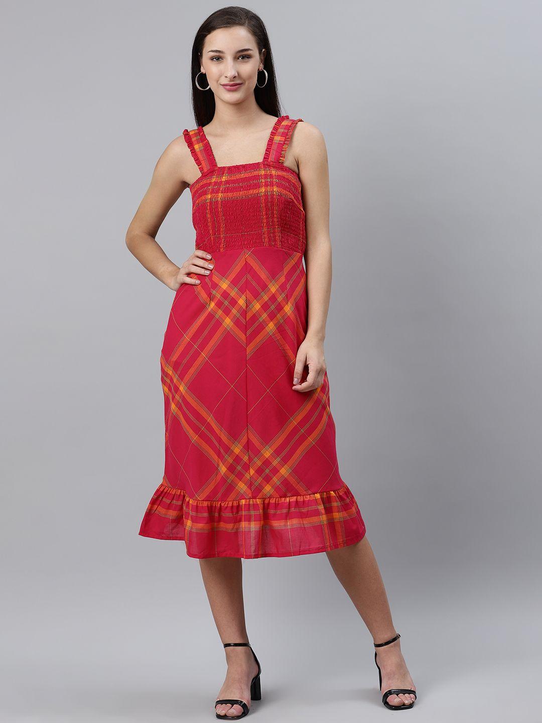 pluss women pink & orange checked midi a-line dress with smocked detail
