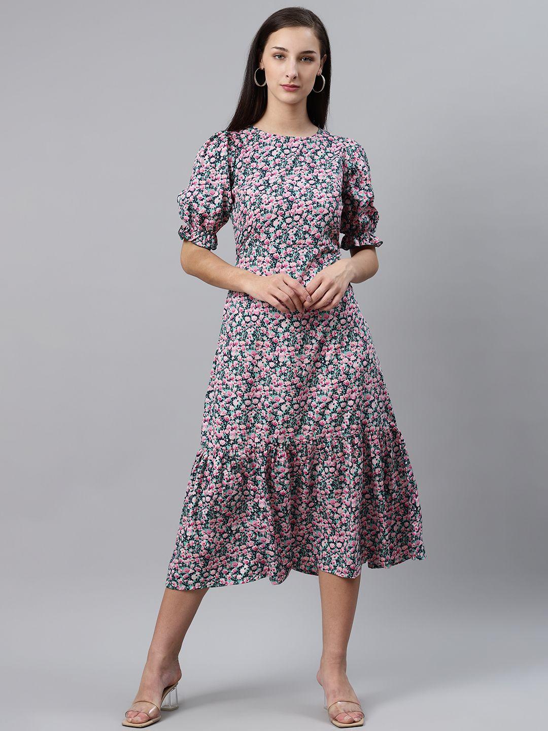 pluss women pink & sea green ditsy floral print midi a-line dress