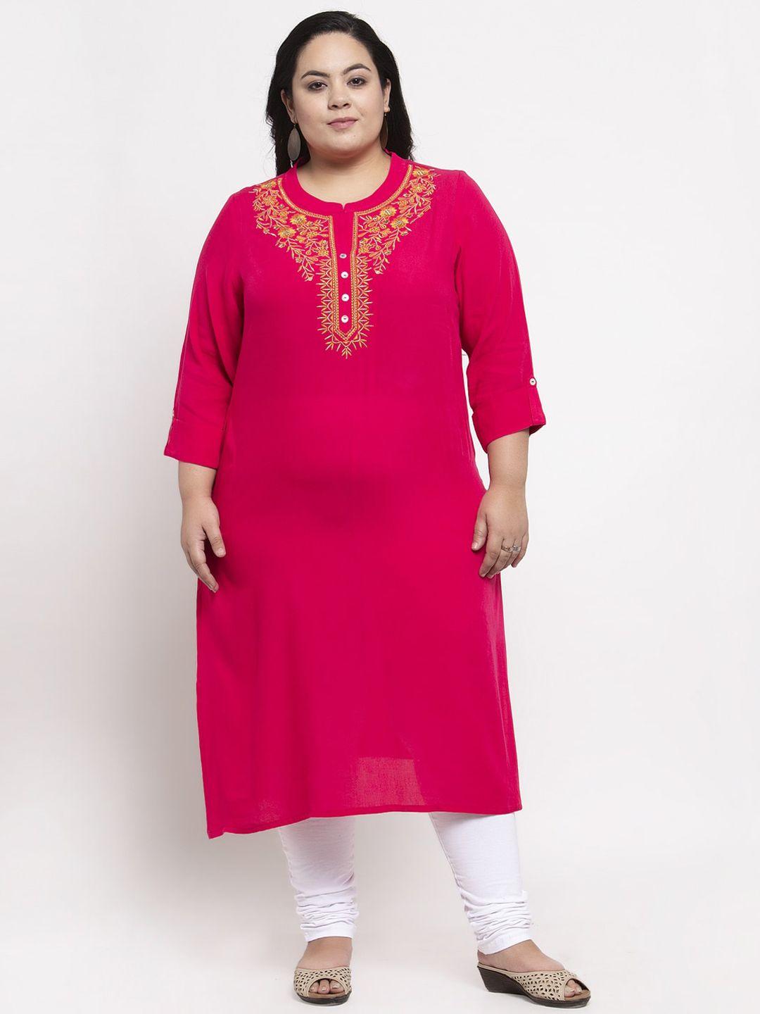 pluss women pink embroidered straight kurta