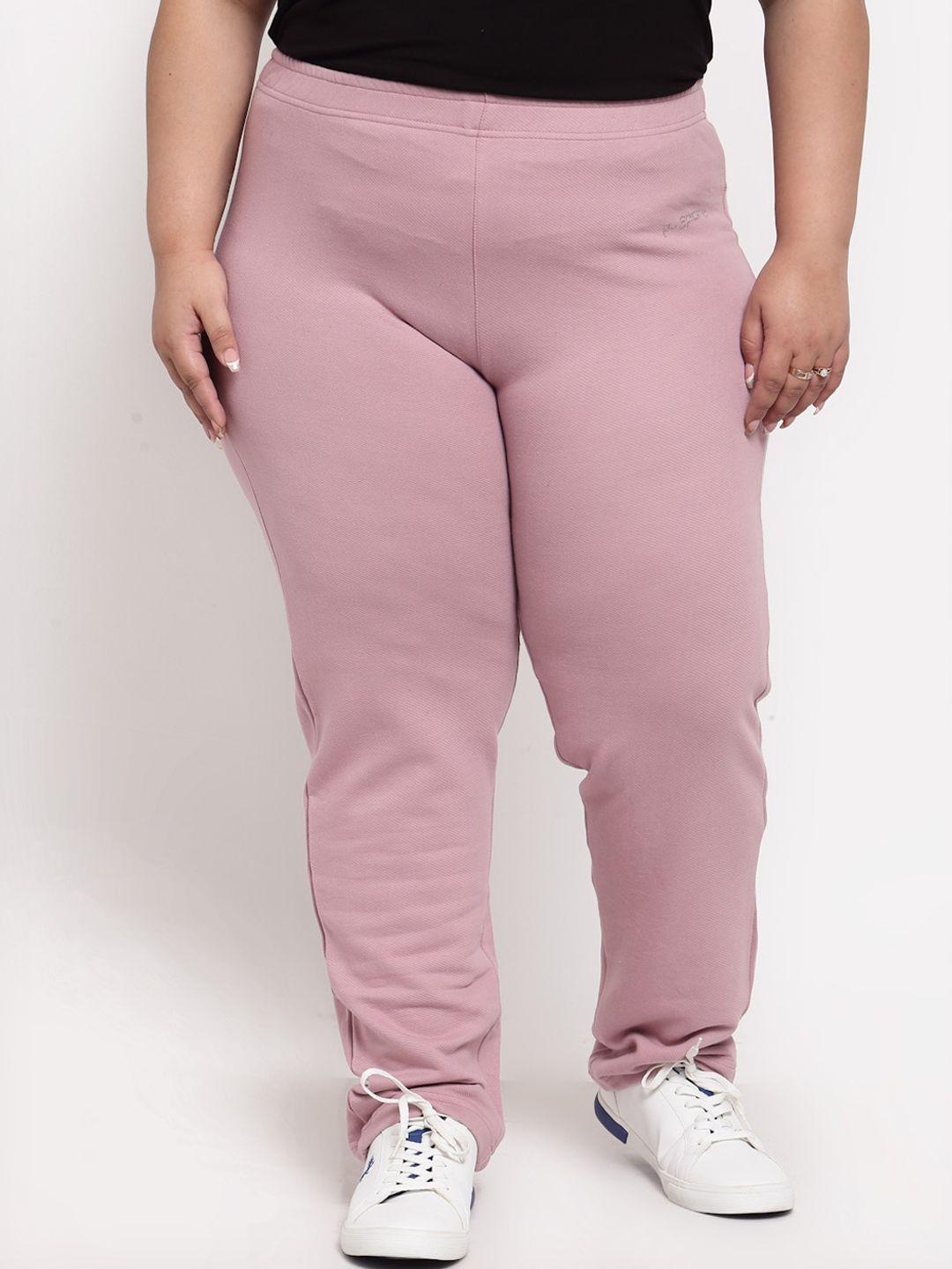 pluss women pink solid cotton straight-fit track pants