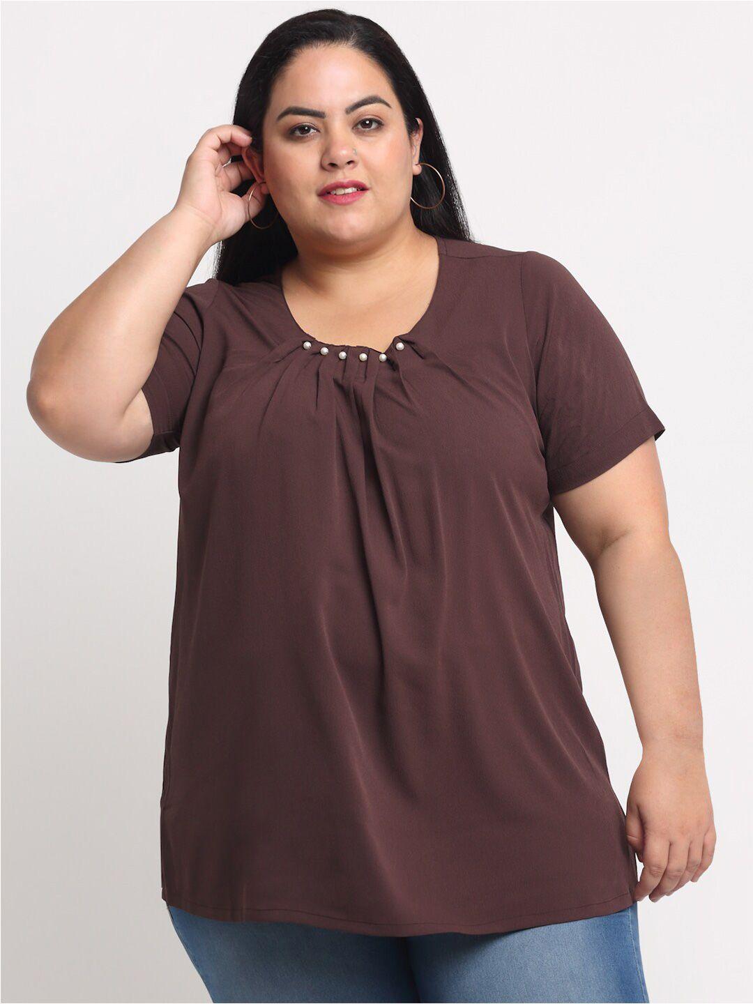 pluss women plus size brown solid round neck regular top