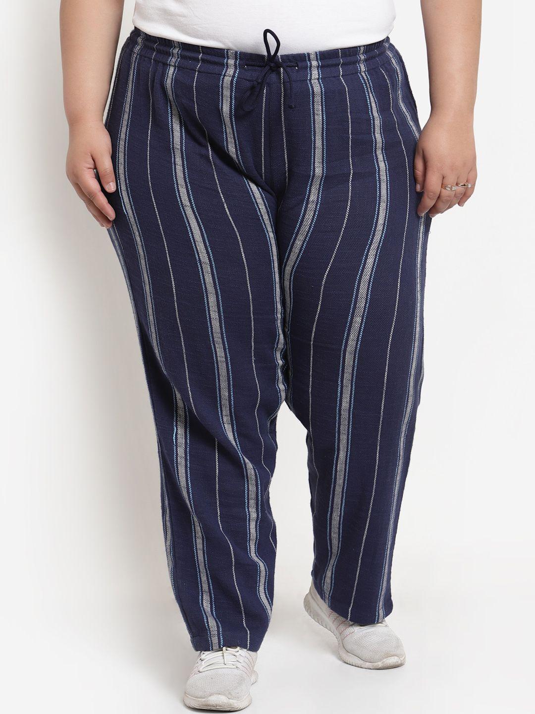 pluss women plus size navy blue striped cotton straight-fit track pant