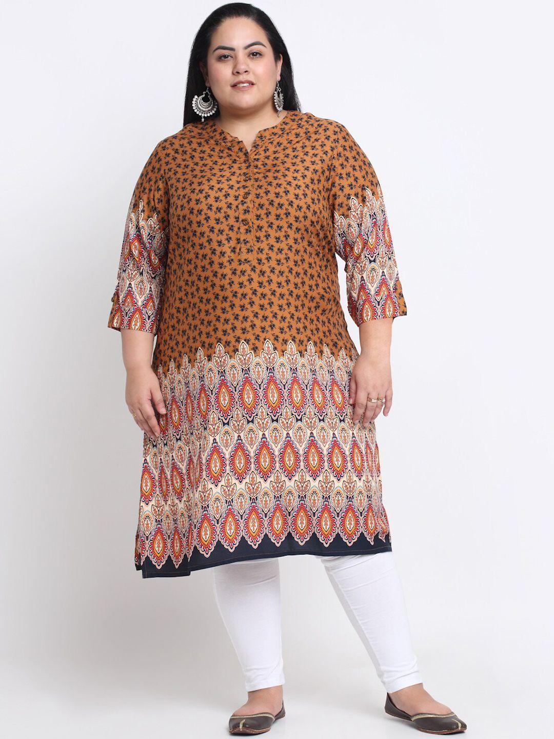 pluss women plus size orange & navy blue floral printed kurta