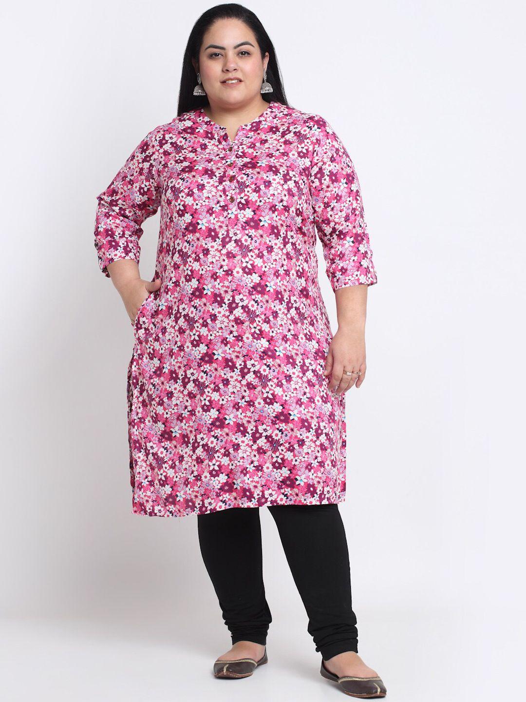 pluss women plus size pink & white floral printed kurta
