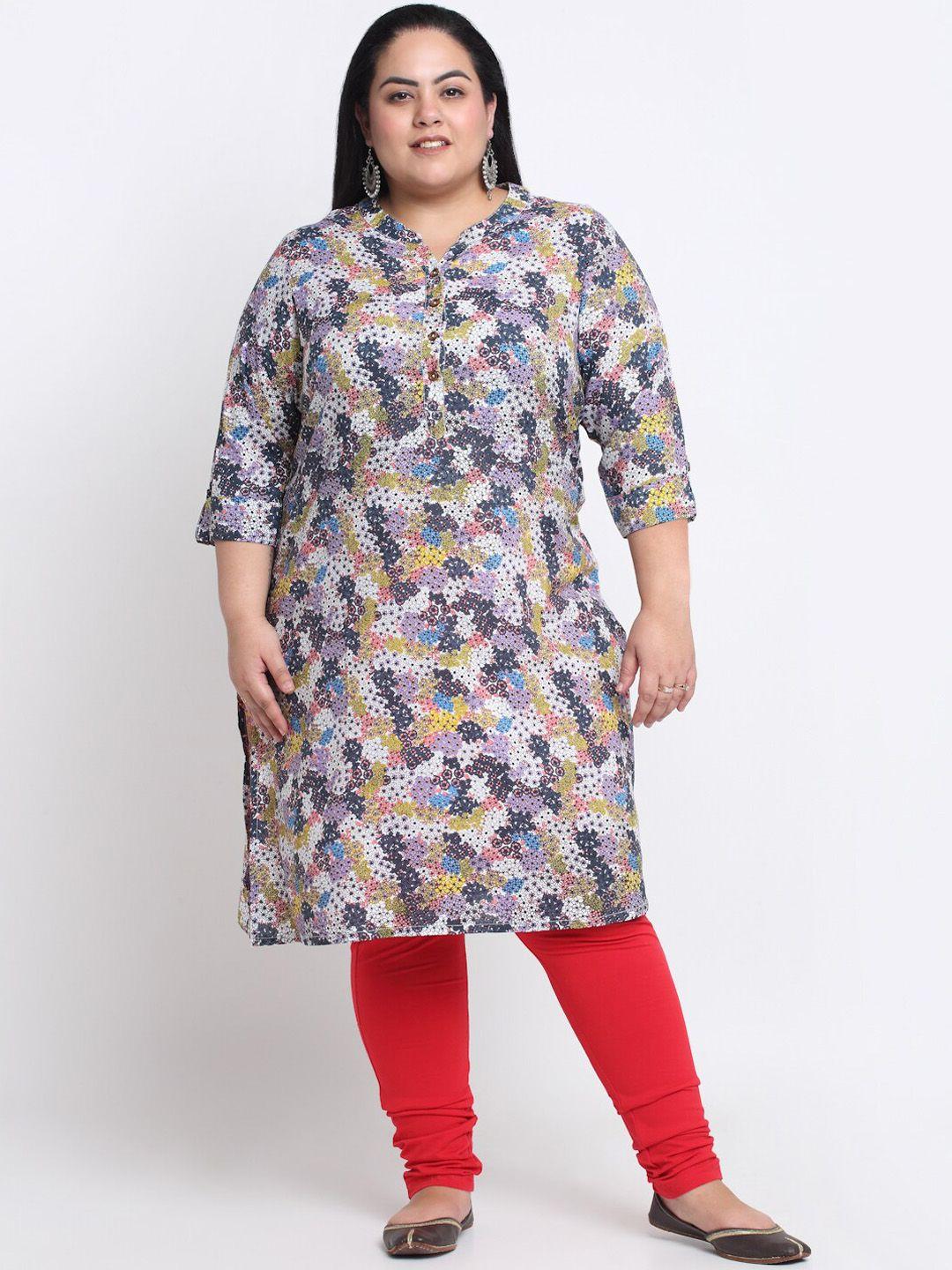 pluss women plus size white & grey floral printed kurta