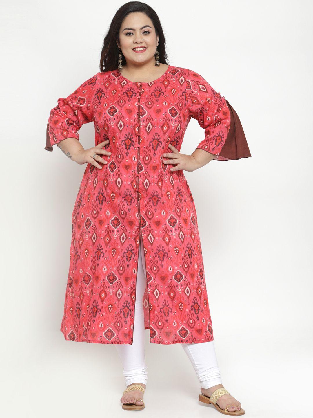 pluss women red & pink printed straight kurta