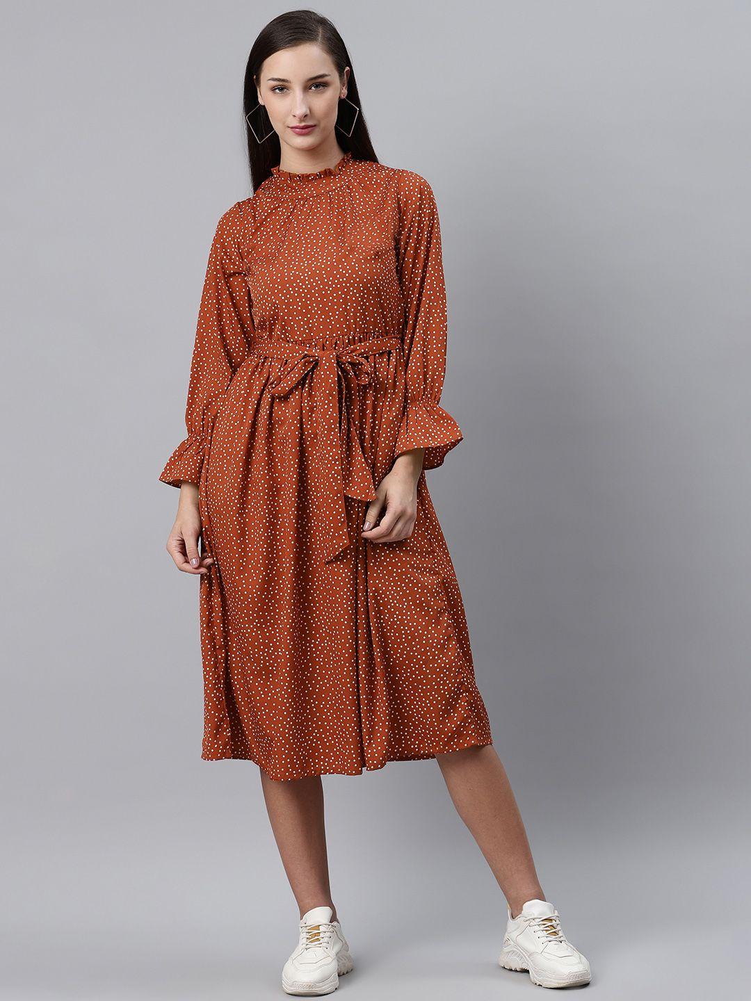 pluss women rust brown & white dotted print a-line dress with belt