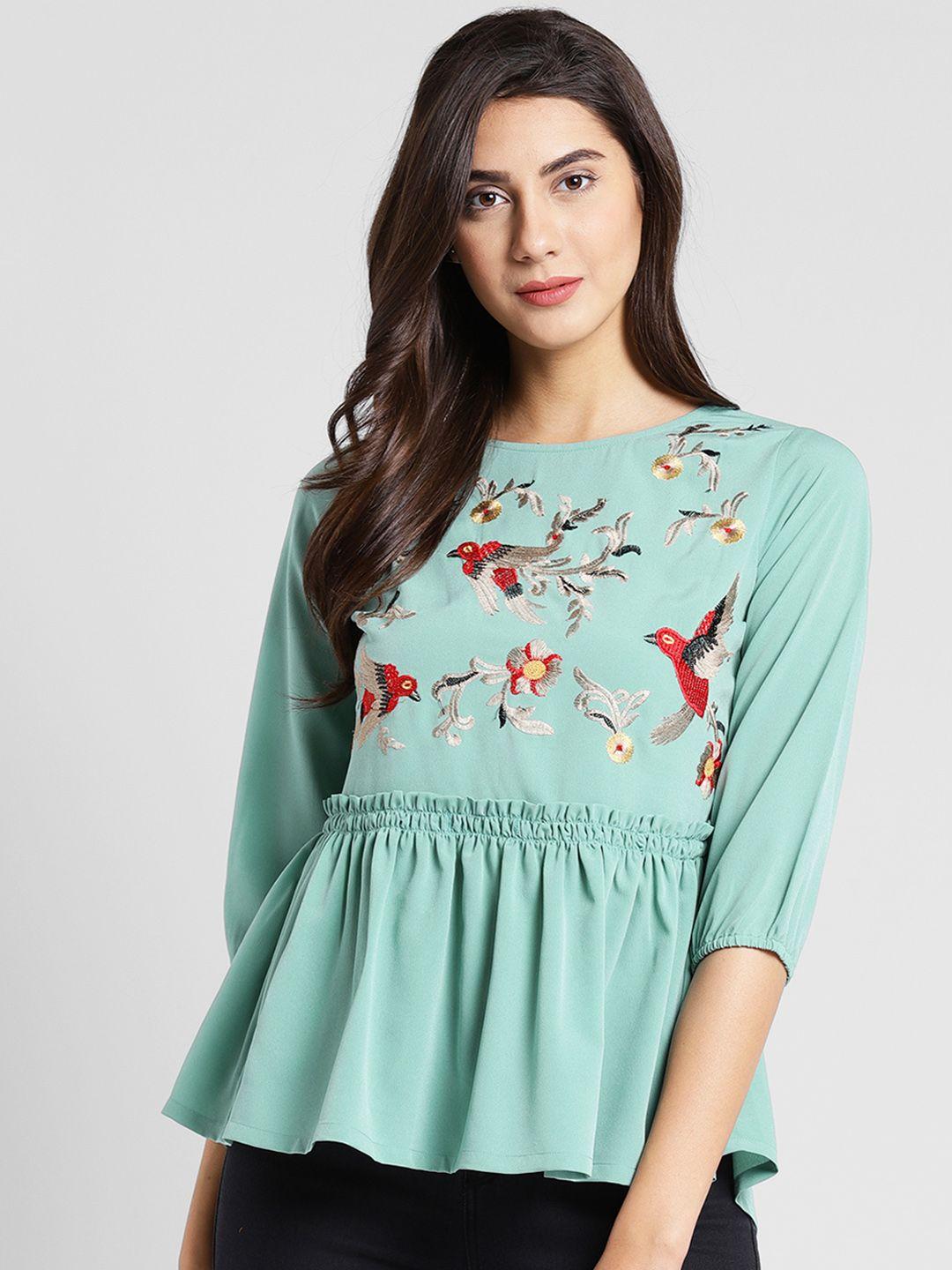 pluss women sea green self design peplum top