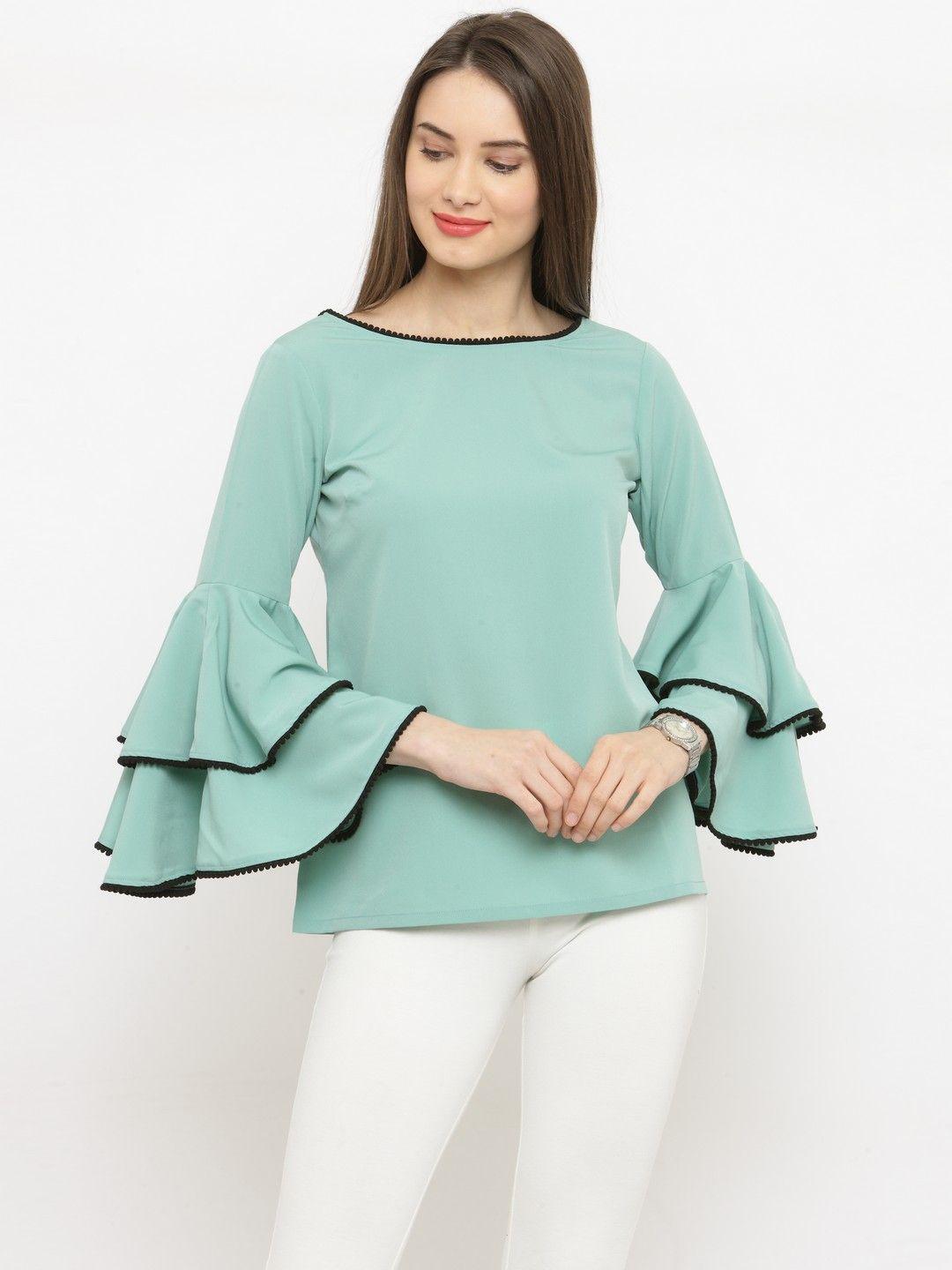 pluss women sea green solid a-line top