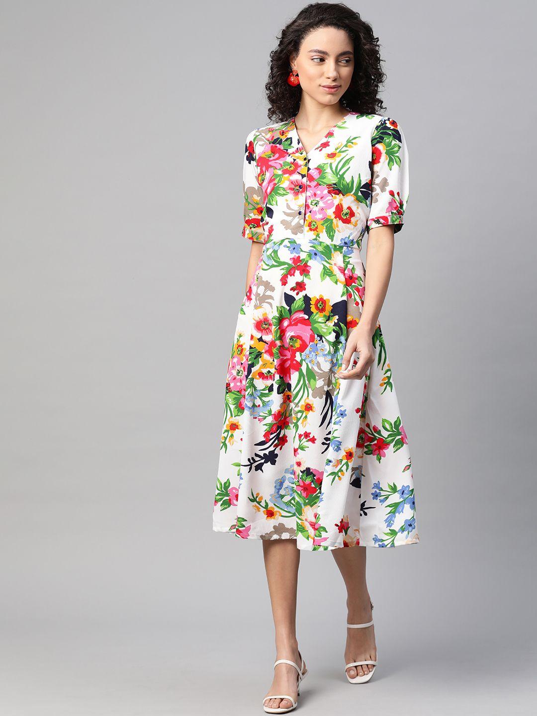 pluss women white & pink floral printed a-line dress