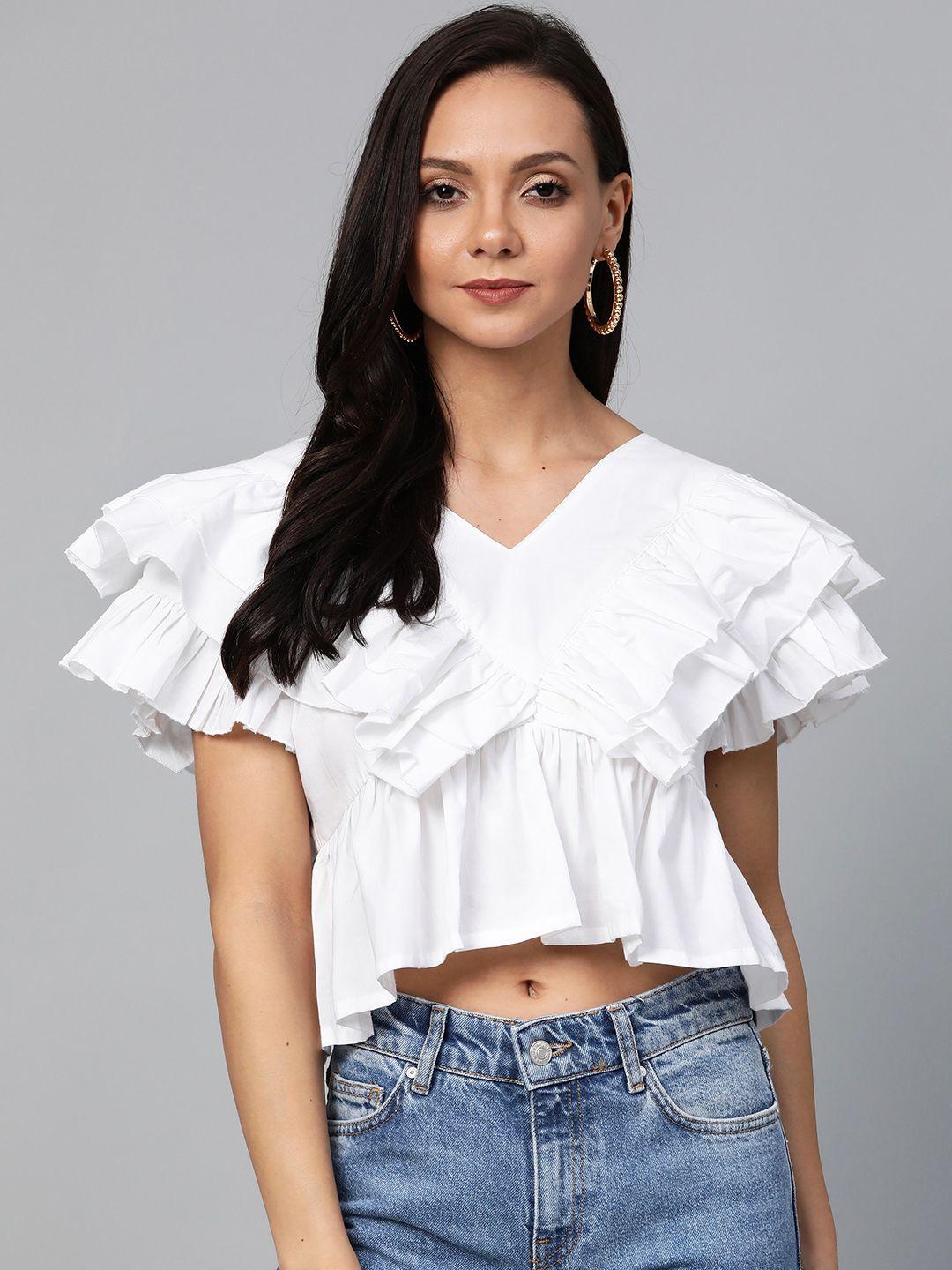 pluss women white solid frilled cropped a-line pure cotton top