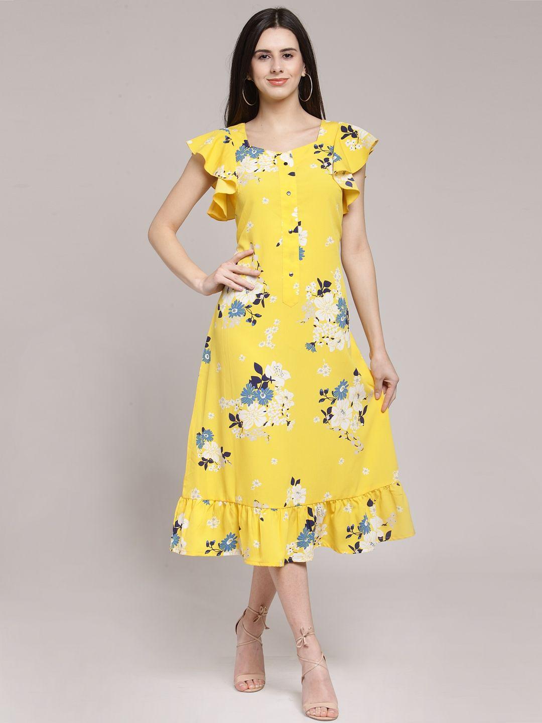 pluss women yellow & off-white floral print a-line dress