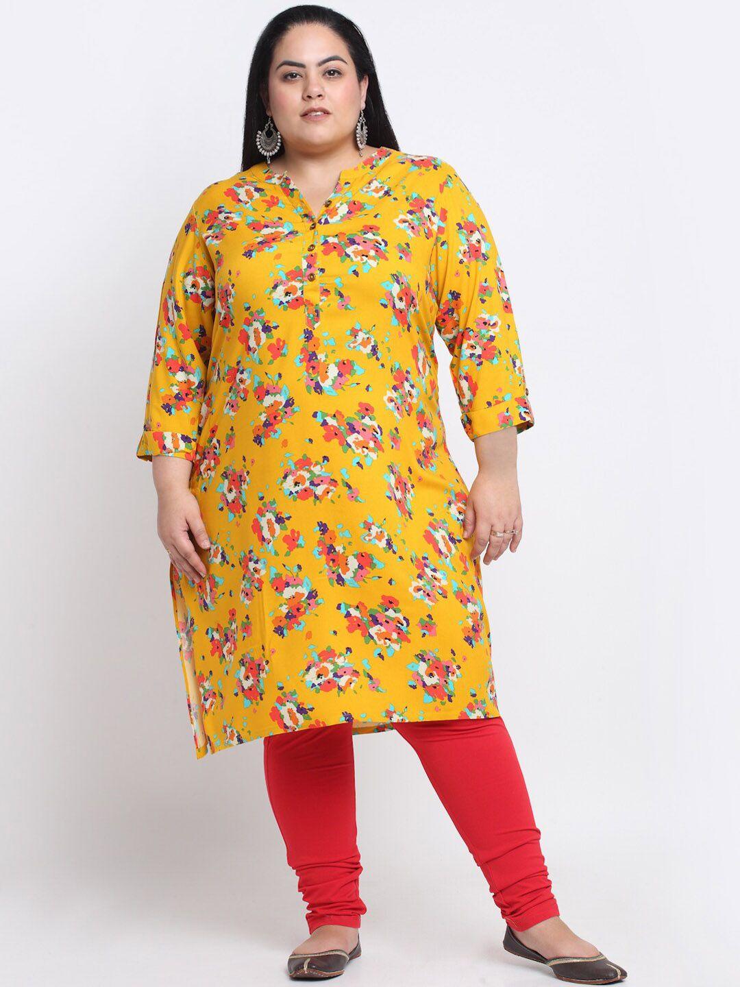 pluss women yellow & red floral printed kurta