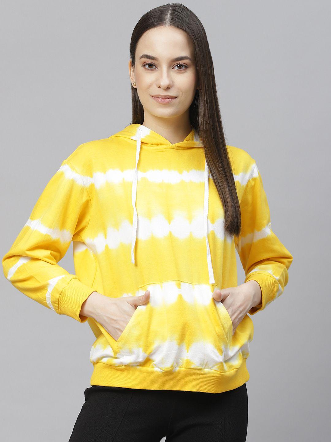 pluss women yellow printed hooded sweatshirt