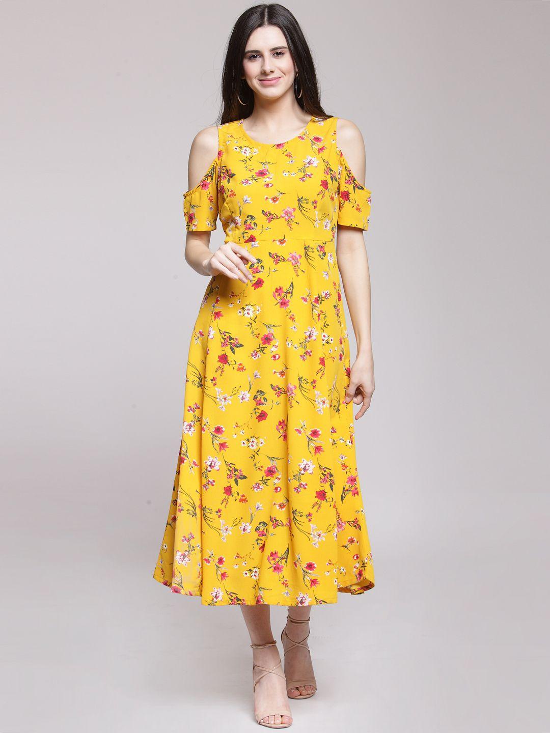 pluss yellow floral printed fit and flare dress
