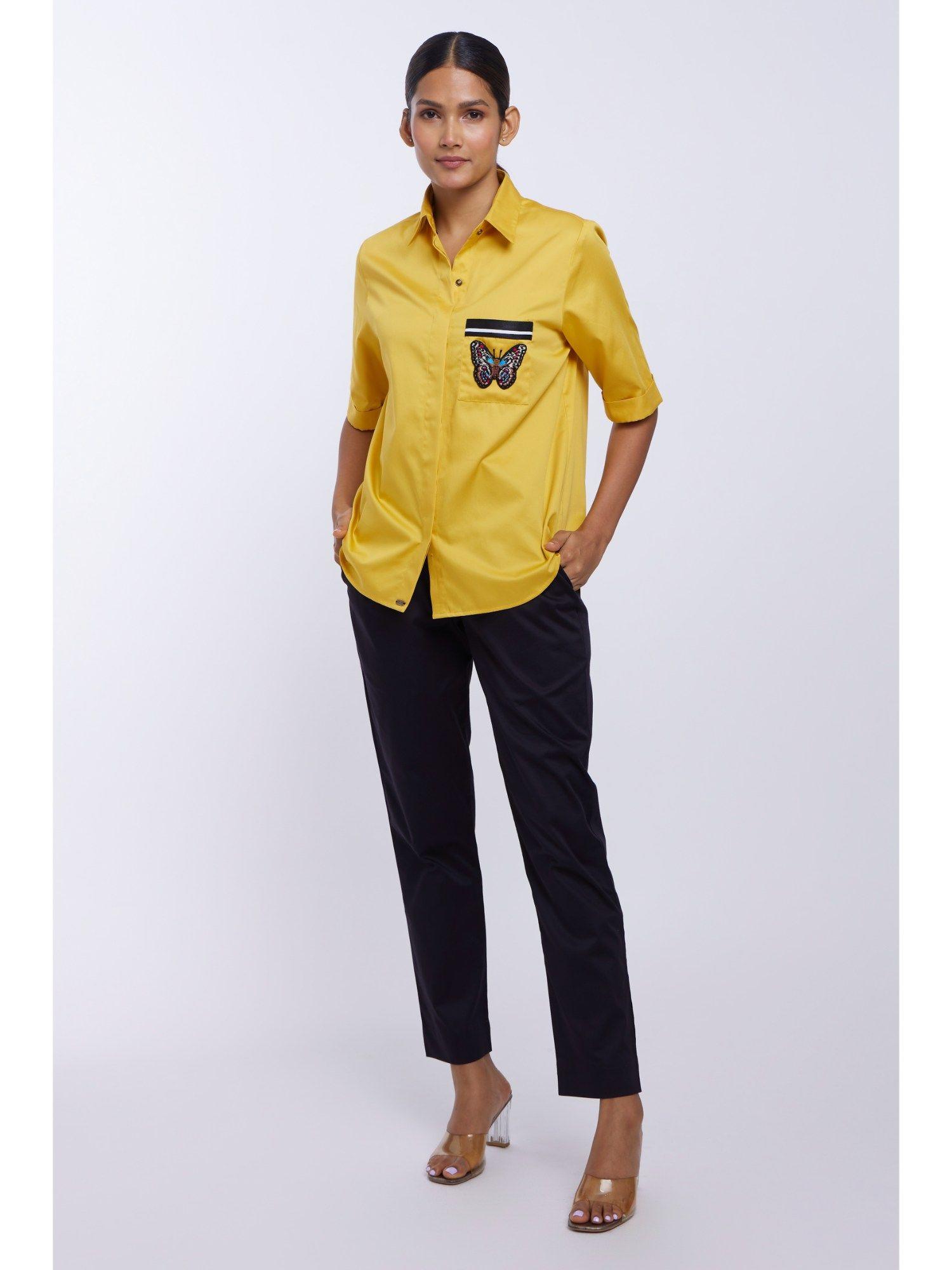 plv garden canary yellow embroidered butterfly shirt