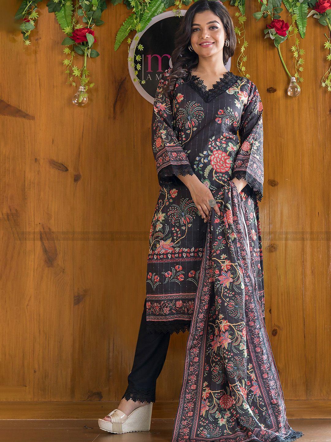 pmd fashion women floral embroidered regular thread work kurta with salwar & with dupatta