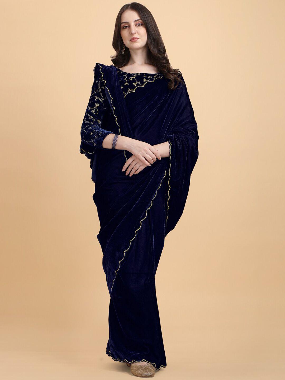 pmd fashion blue & gold-toned embellished aari work velvet saree