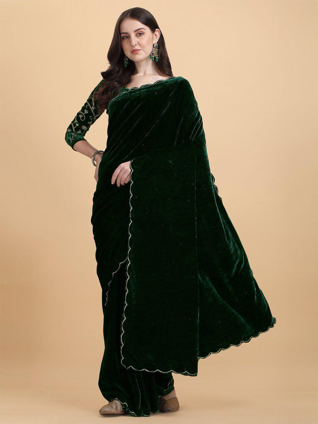 pmd fashion green & black embellished aari work velvet saree