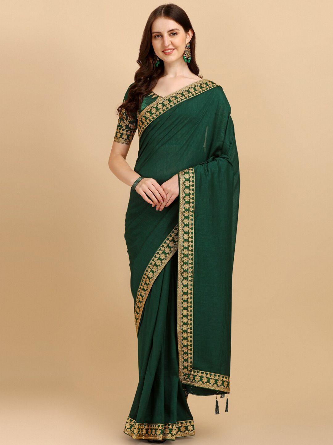 pmd fashion green & gold-toned embroidered silk blend  saree