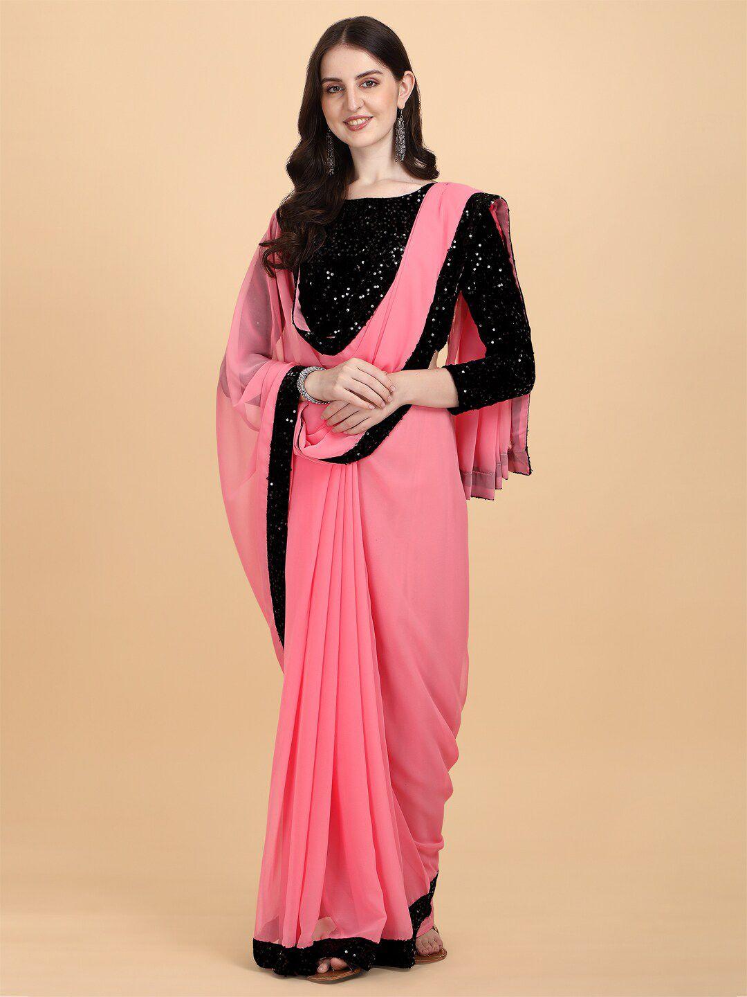 pmd fashion pink & black embellished sequinned pure georgette saree