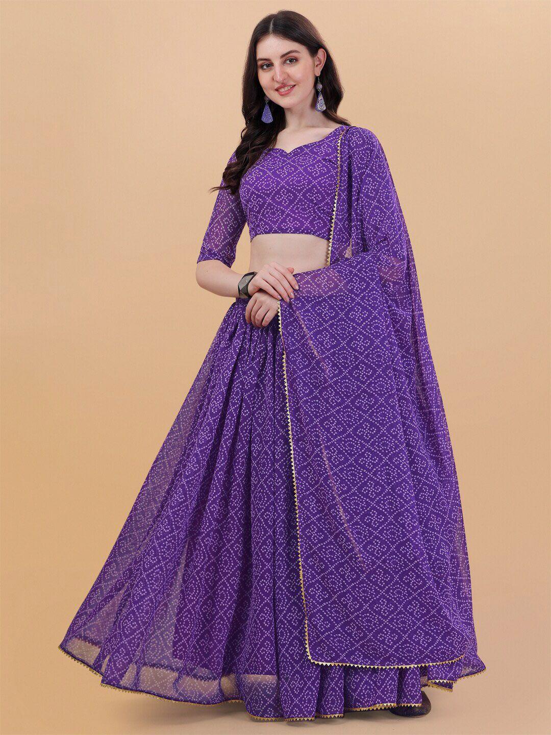 pmd fashion purple & white printed semi-stitched lehenga & unstitched blouse with dupatta