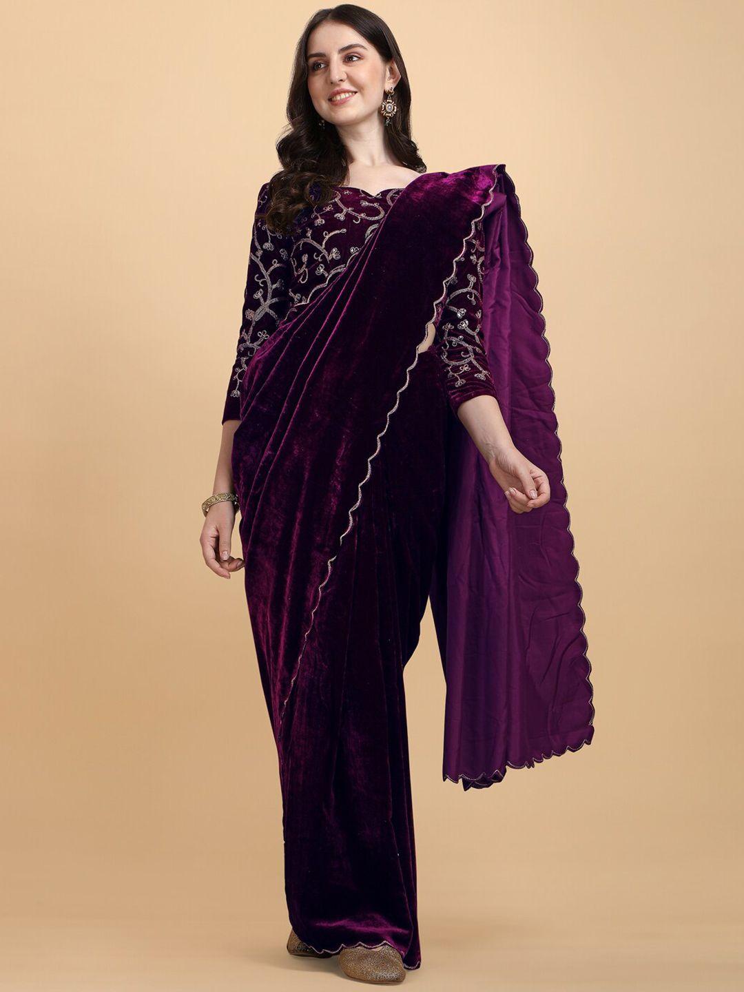 pmd fashion purple embellished aari work velvet saree
