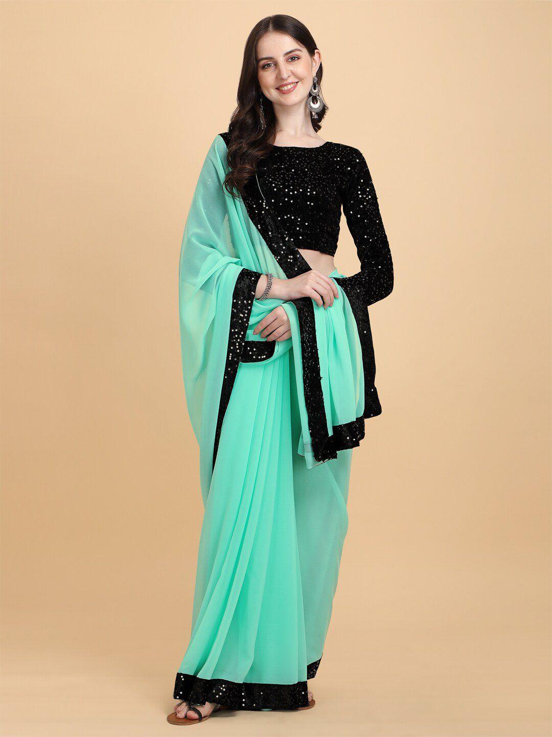 pmd fashion teal & black embellished sequinned pure georgette saree