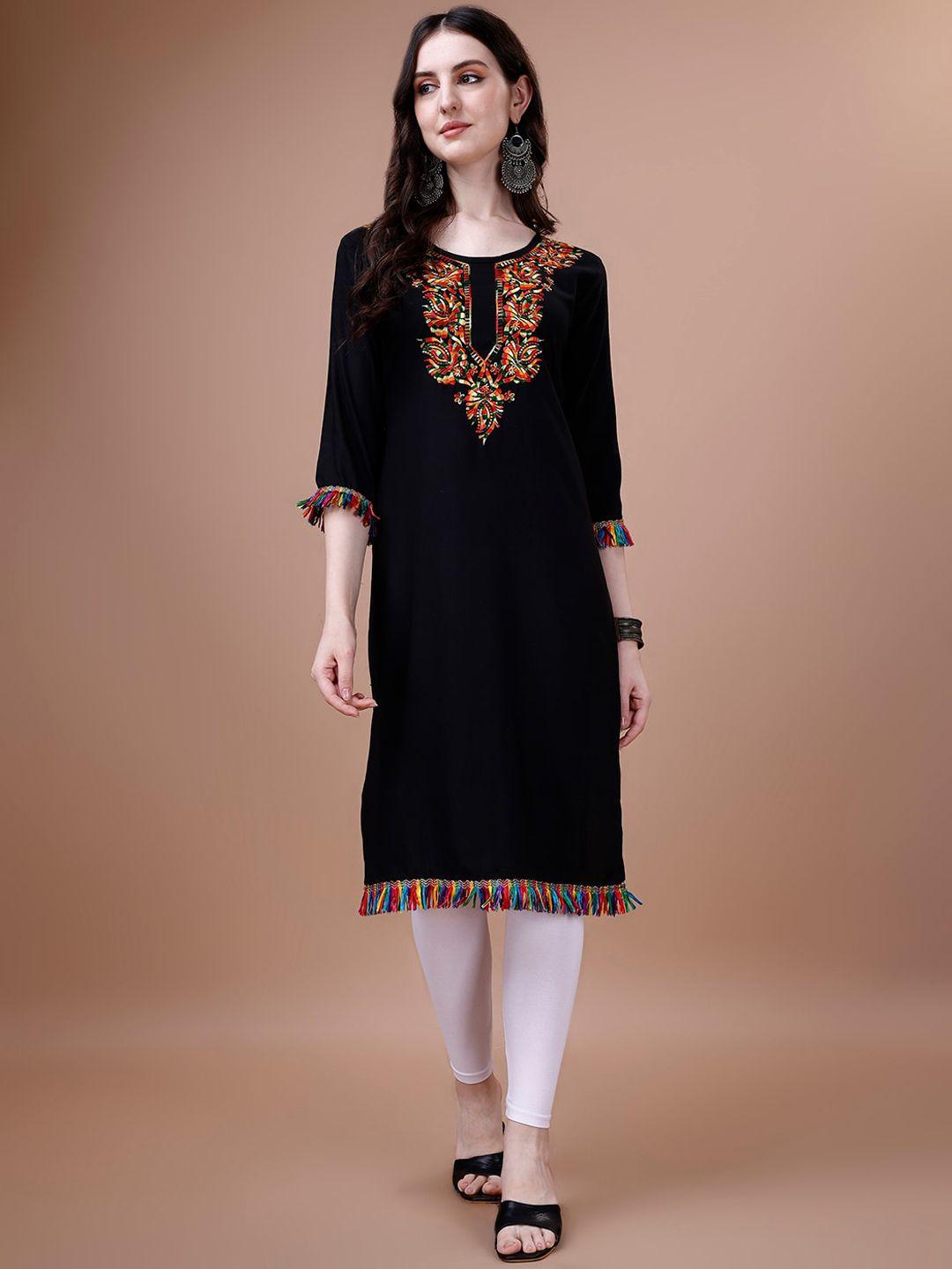 pmd fashion women black geometric yoke design cold-shoulder sleeves mirror work kurta