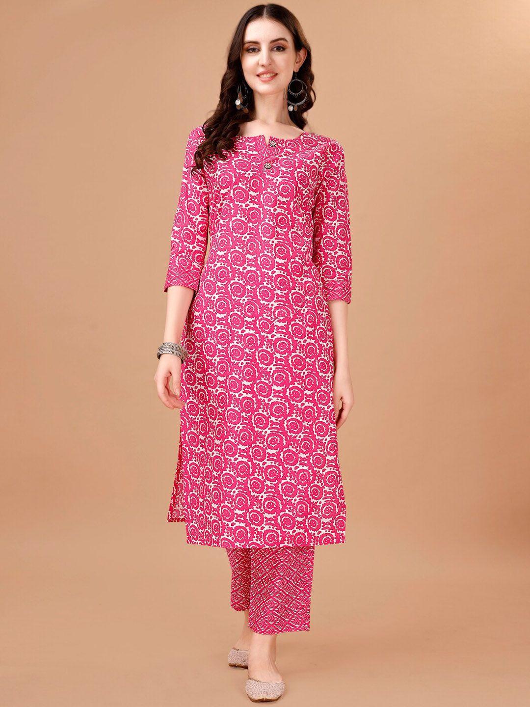 pmd fashion women floral printed regular thread work kurta with trousers