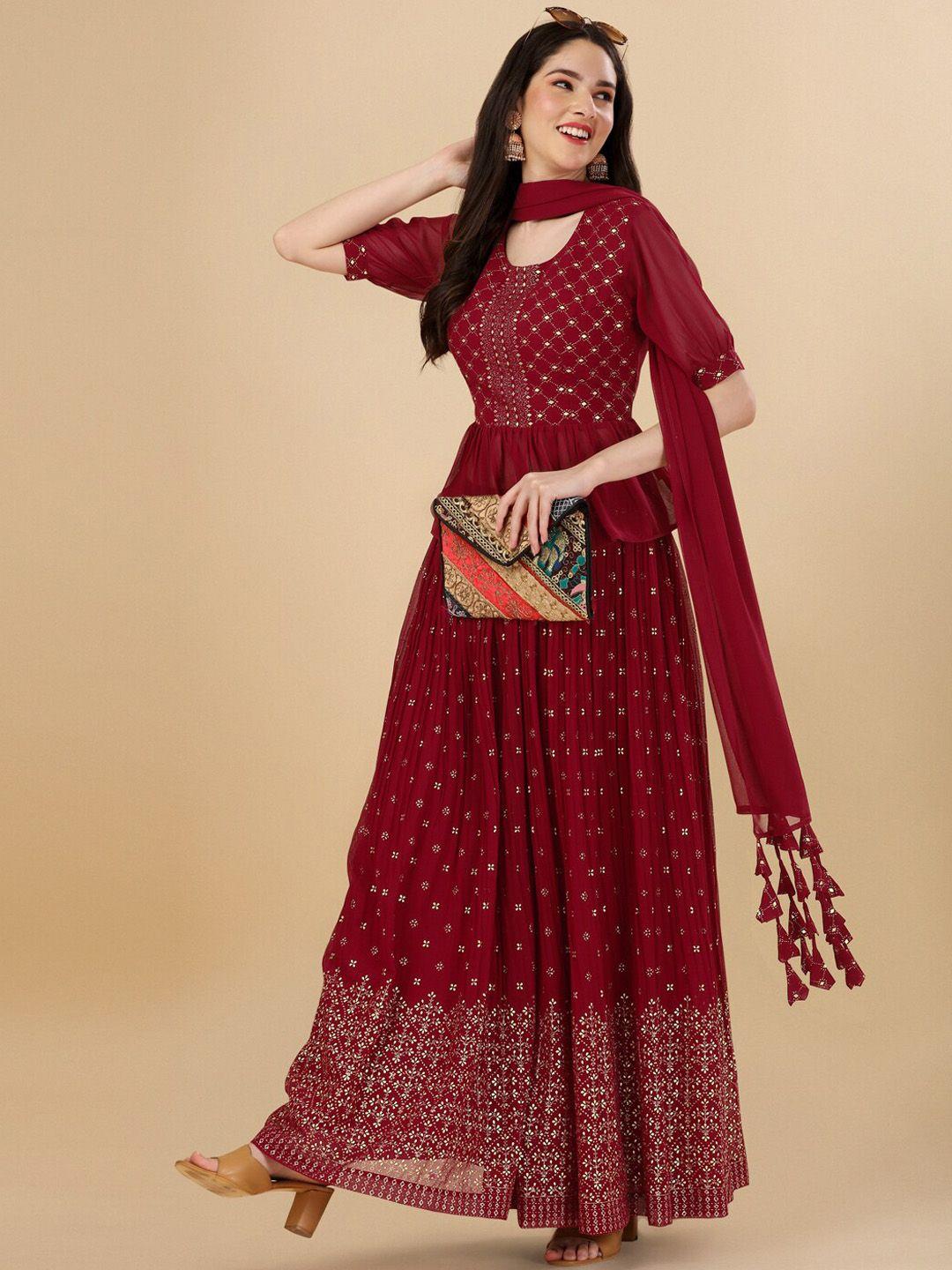 pmd fashion women maroon floral printed pleated top with sharara & with dupatta