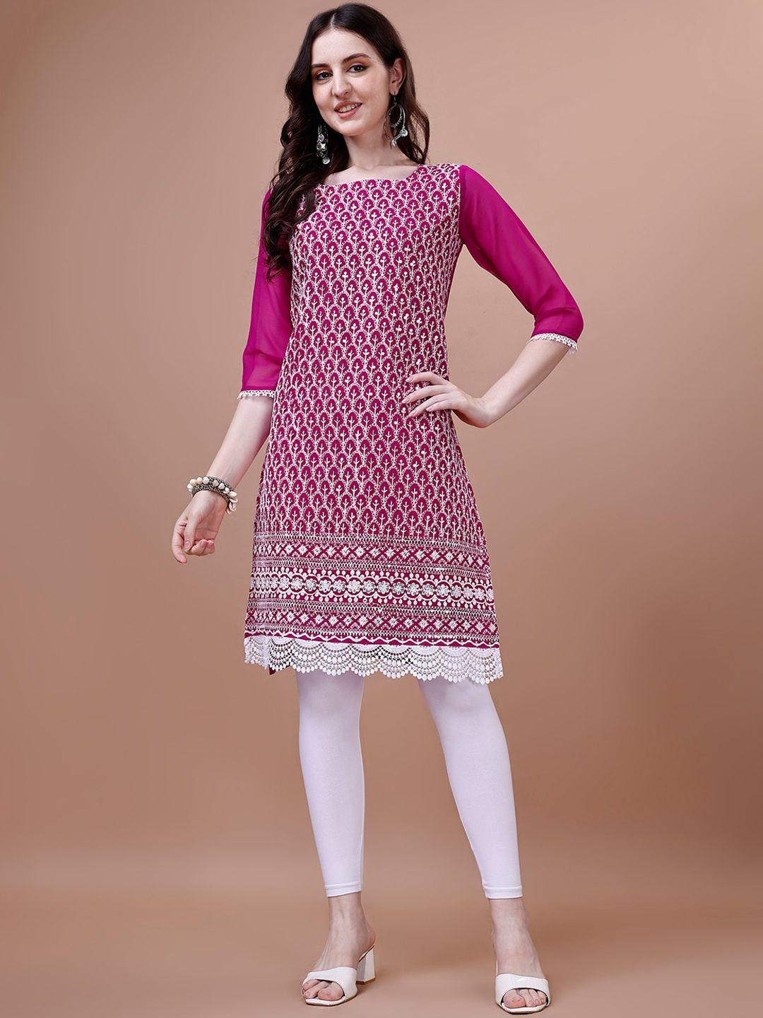 pmd fashion women pink paisley printed thread work georgette kurta