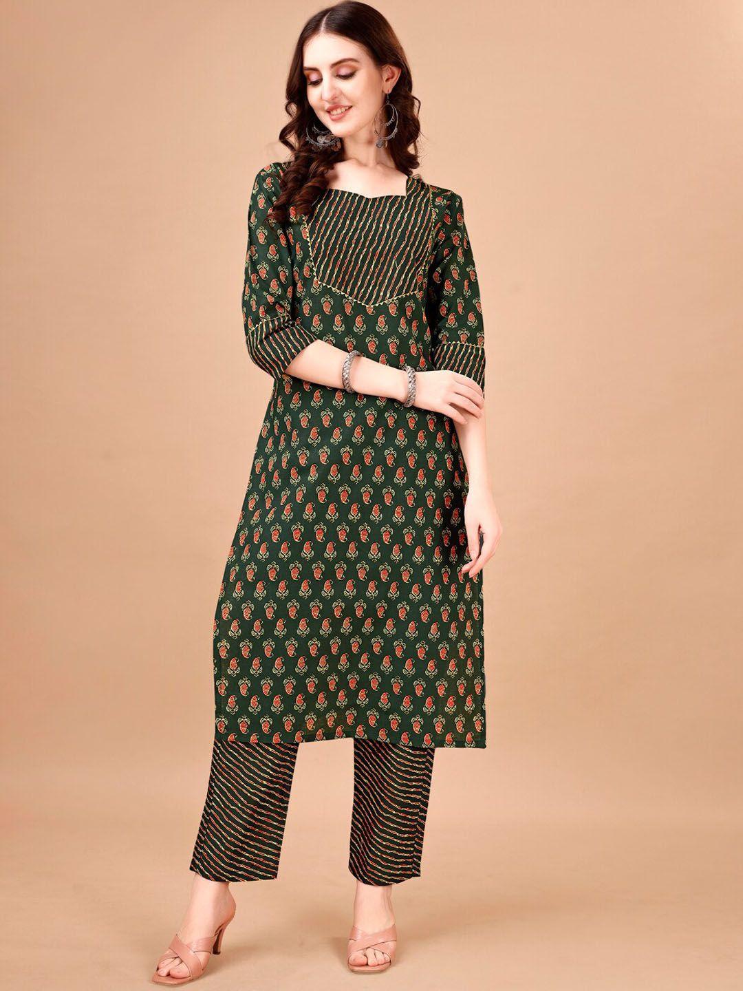 pmd fashion women printed regular thread work kurta with trousers