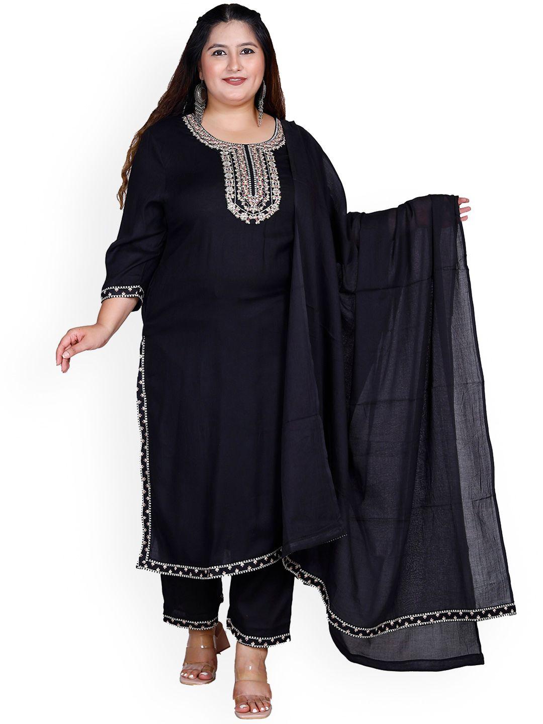 pneha plus size ethnic motifs yoke design aari work kurta & trousers with dupatta