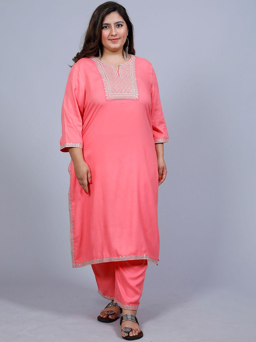 pneha women plus size sequinned regular notch neck kurta with trousers