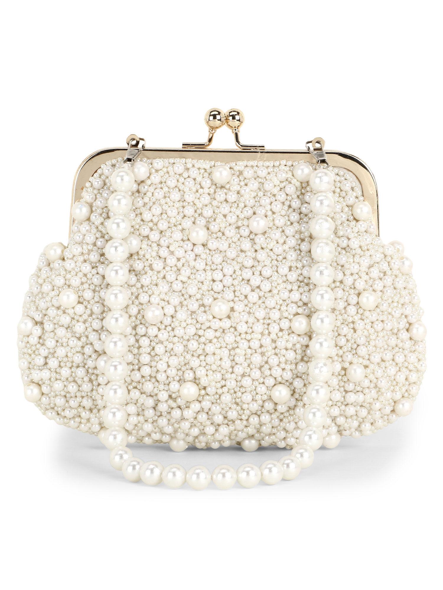 pochette off white faux silk pearl embellished clutch