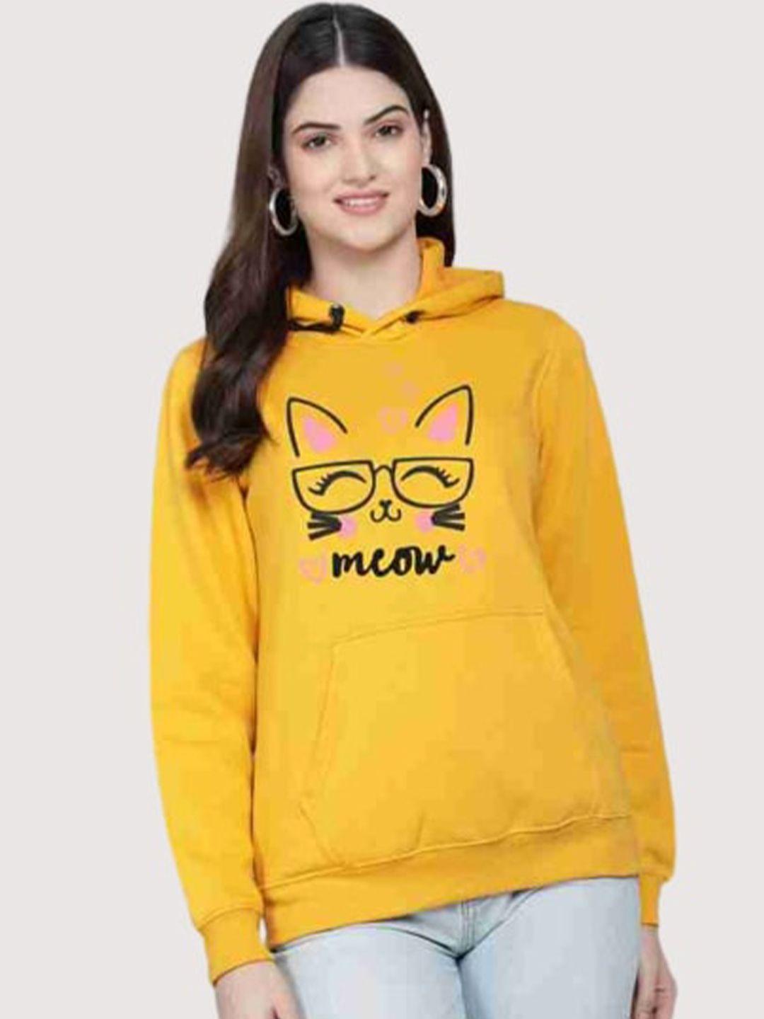 pockman women mustard printed hooded sweatshirt